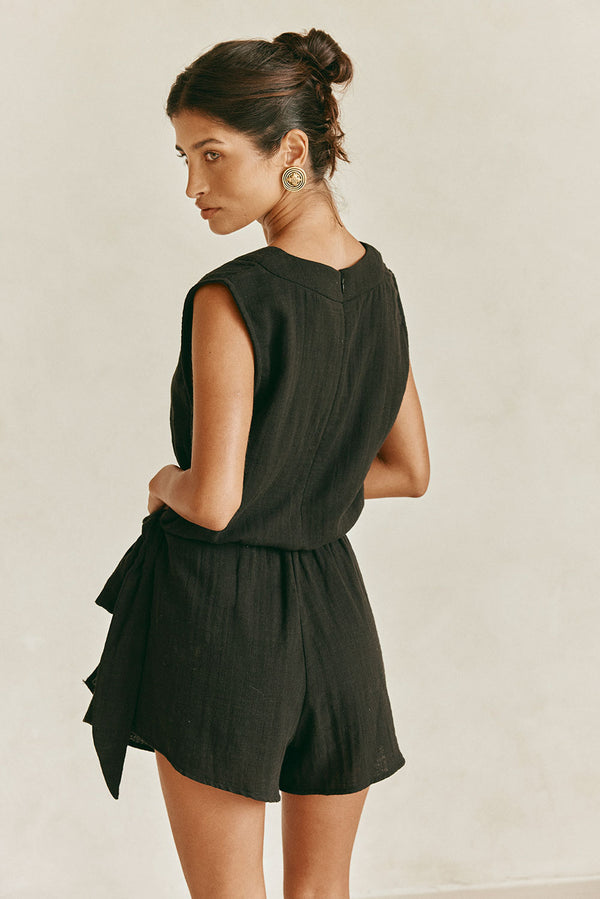Black V Neckline Wrap Sandy Playsuit 