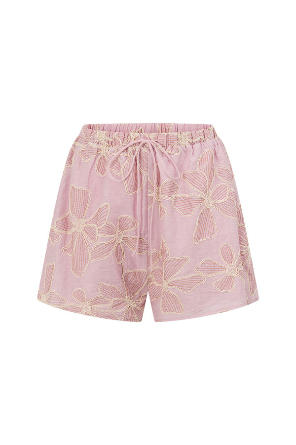 Bloom Pink Embroidered Elastic Drawstring Hazel Shorts