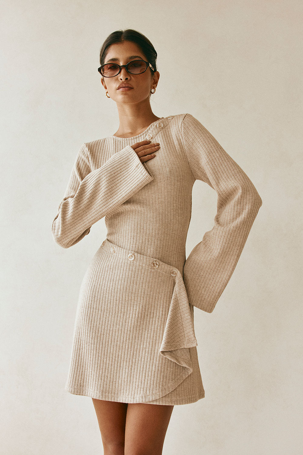 Tan Ribbed Long Sleeve Button Mini Alexia Dress – SABO