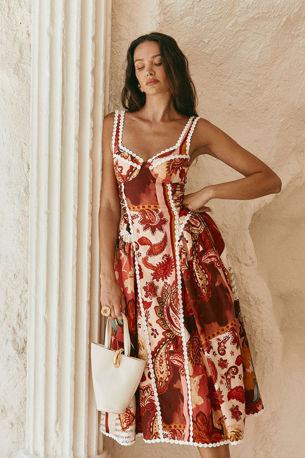 Red Floral Barocca Print Sweetheart Maxi Alessa Dress