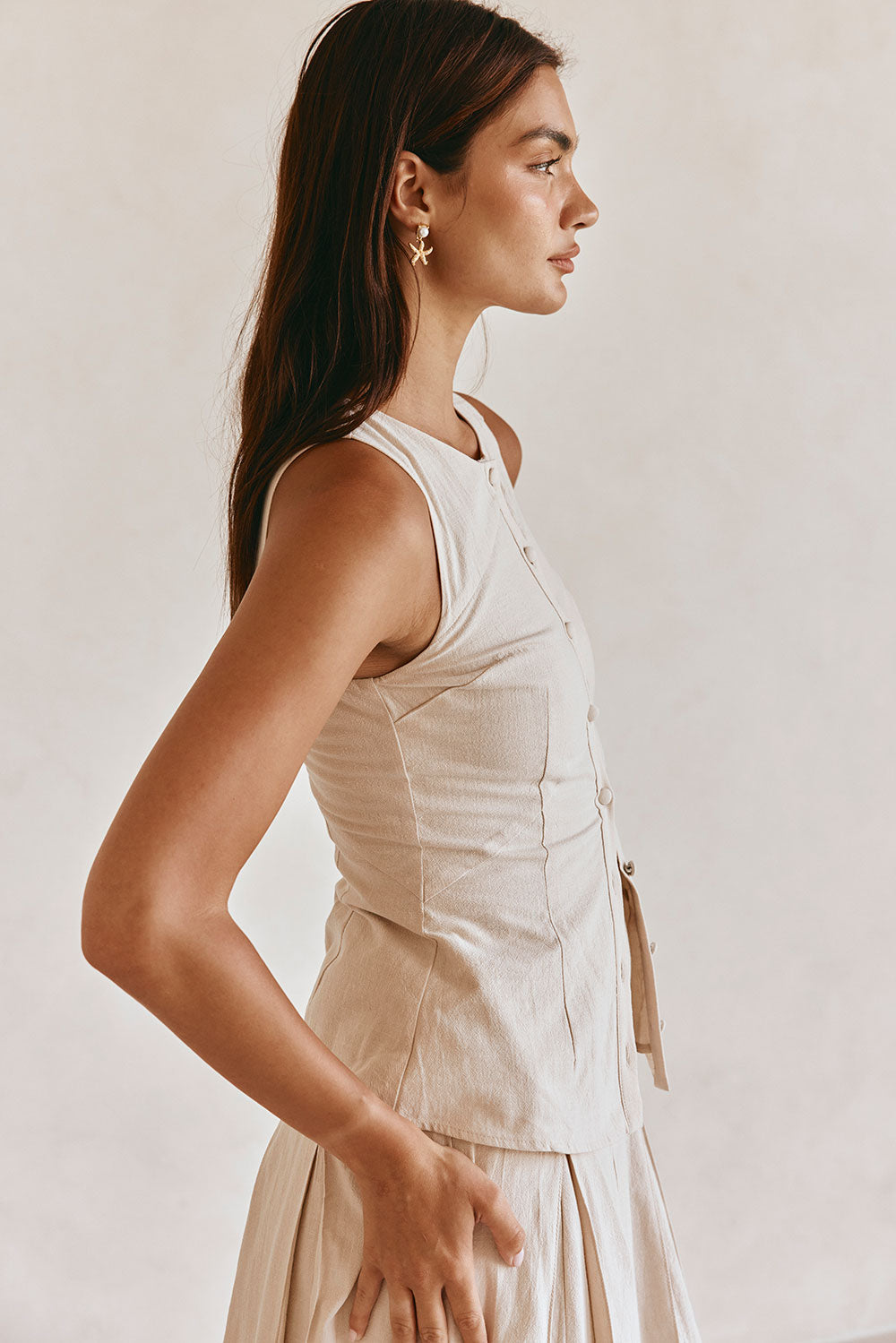 Beige Cotton Round Neck Button Up Panel Adri Top