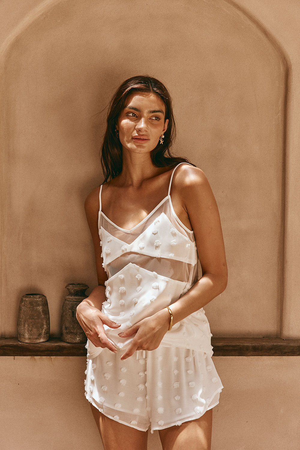 White Textured Spots Strappy Panelled Jacerra Top