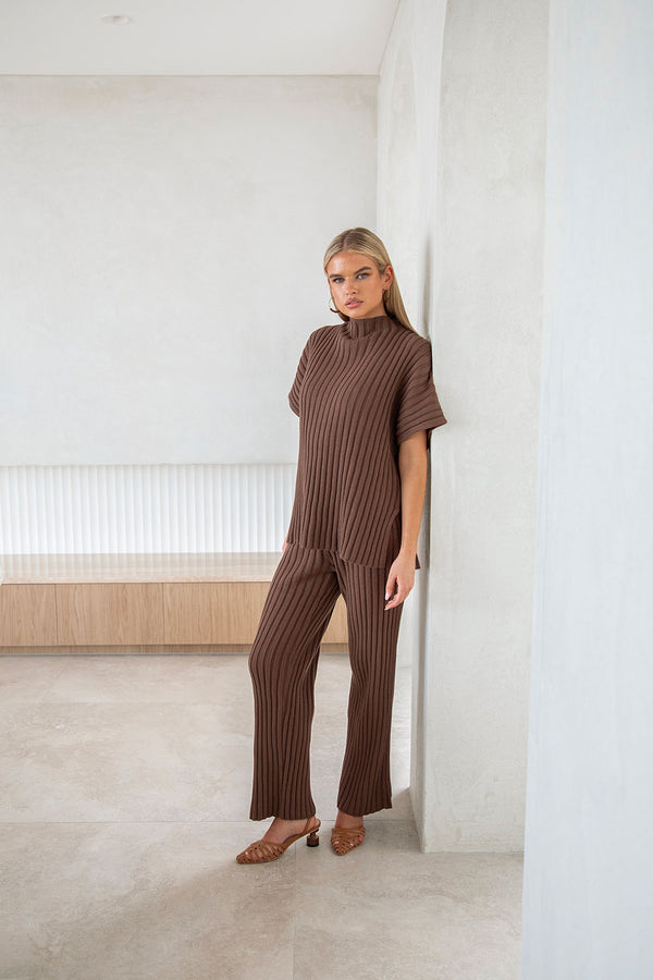 Chocolate Brown Ribbed Knit High Waist Celine Pants