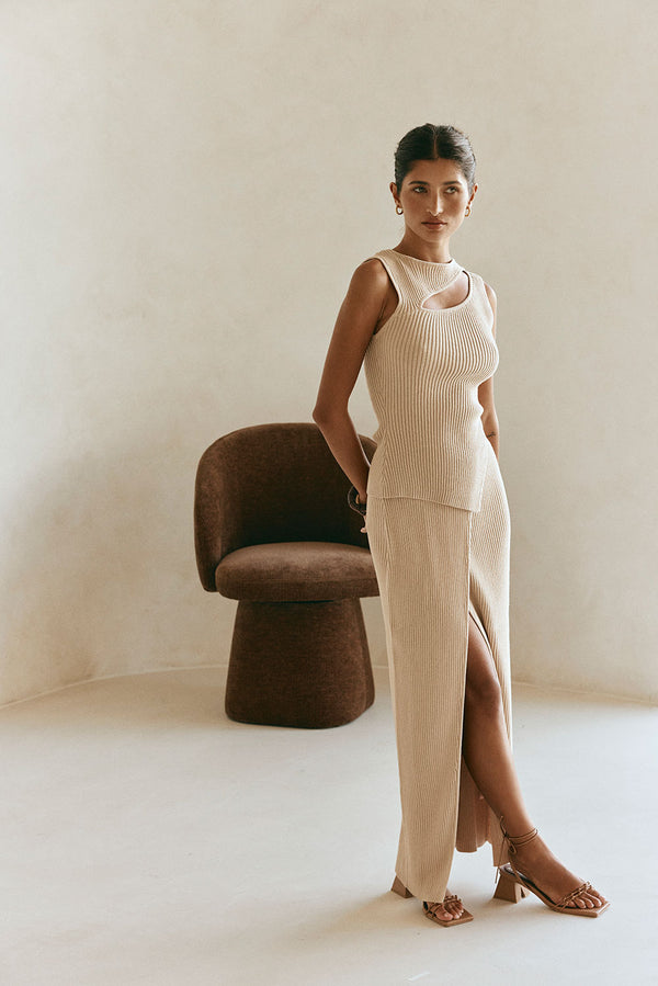 Tan Knit High Waist Split Wrap Maxi Indie Skirt