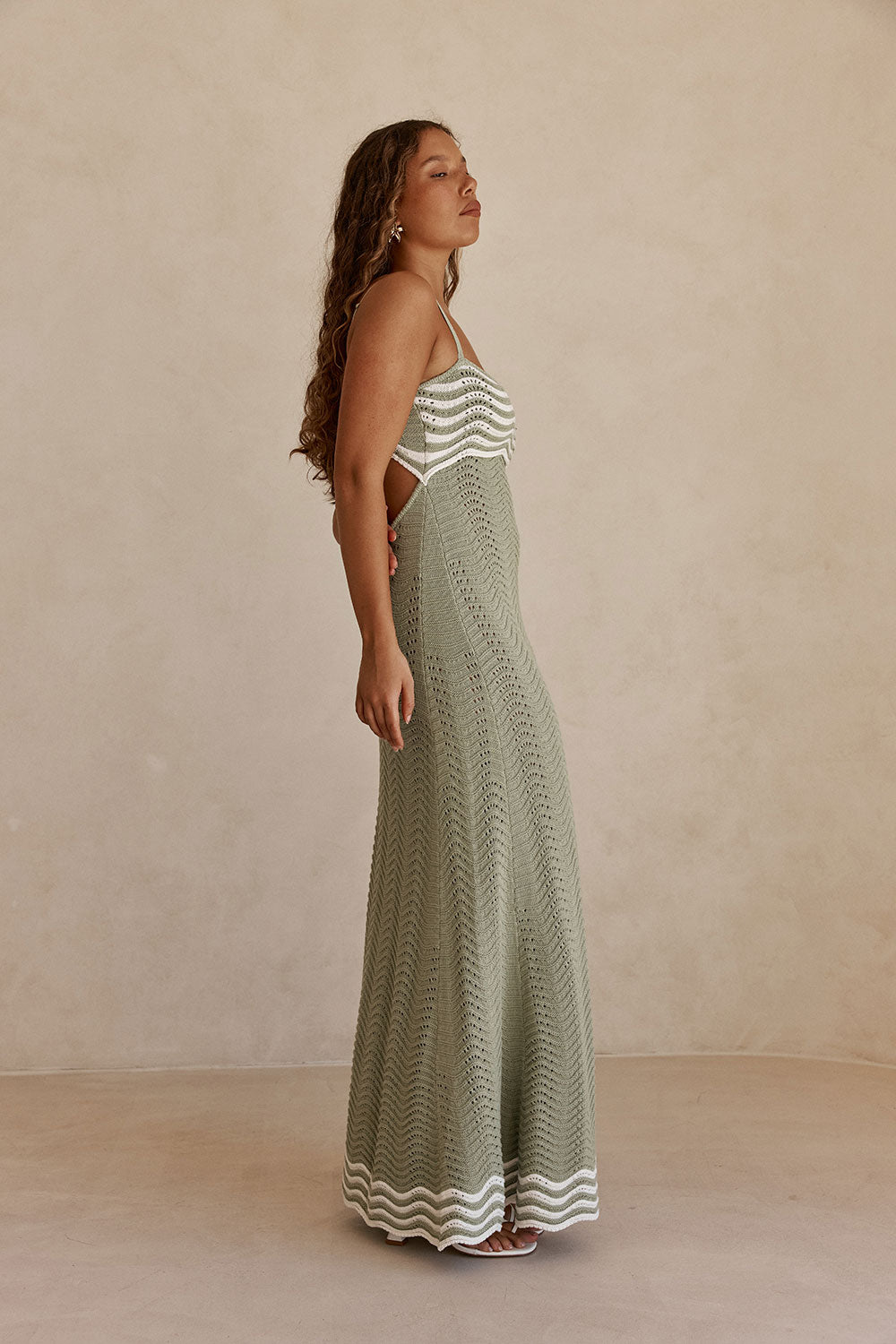 Khaki Green Wavy Knit Maxi Cielo Dress