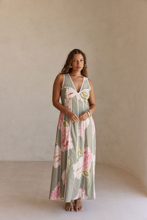Fiori Green Floral Print V Neck Maxi Emory Dress