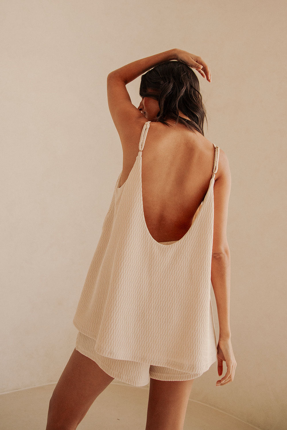 Beige V Neck Adjustable Strap Boston Top