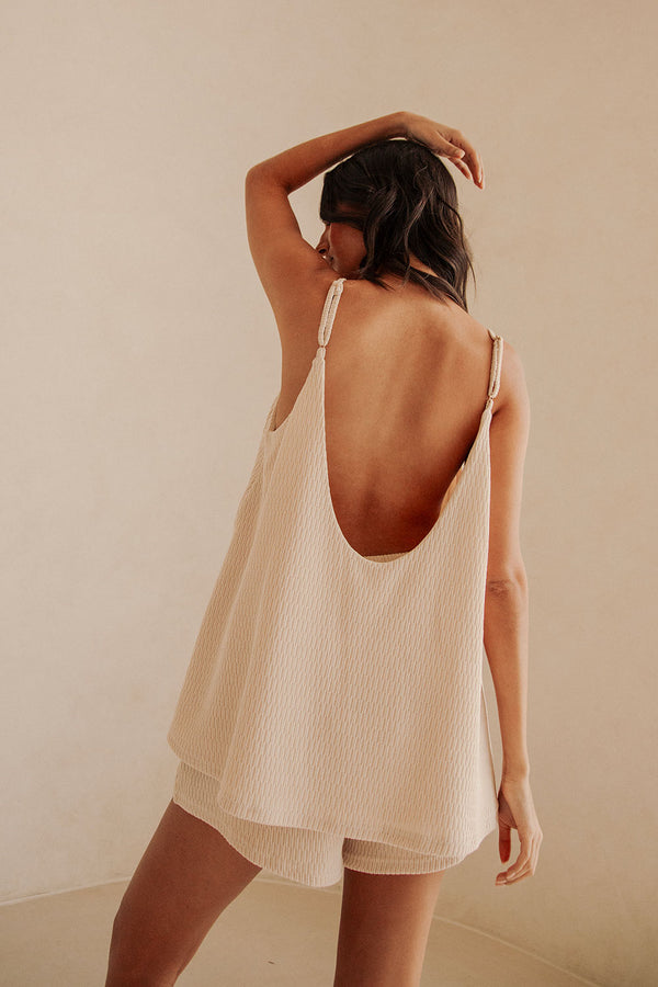 Beige V Neck Adjustable Strap Boston Top