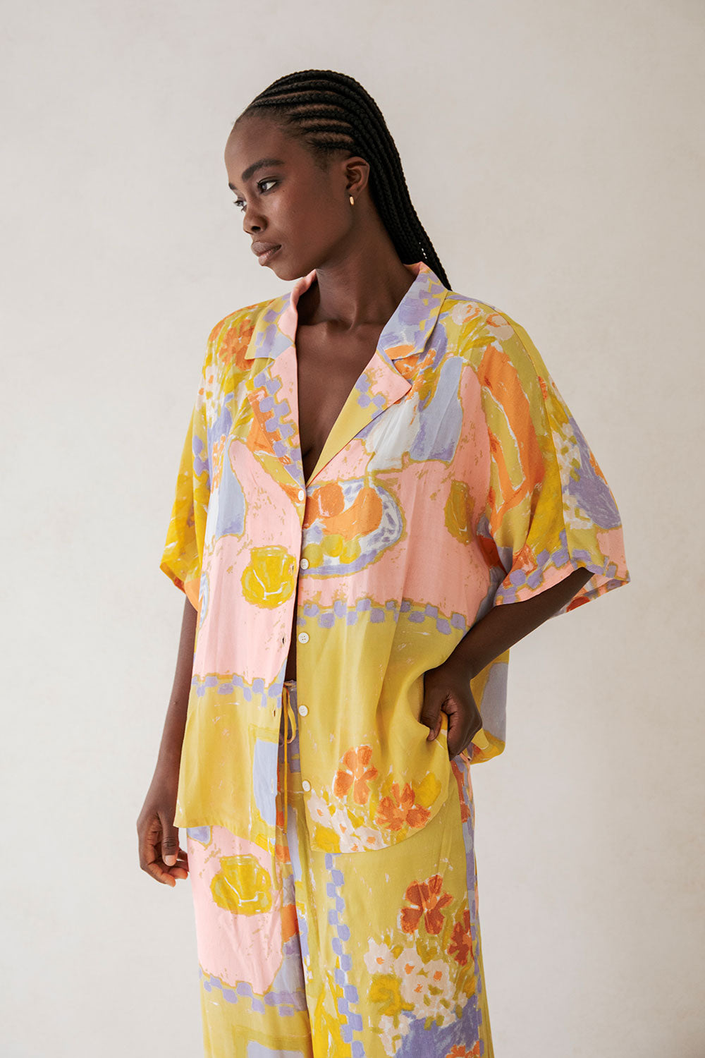 Chey Button Up Top - Morning Peach Floral Yellow Pink Orange