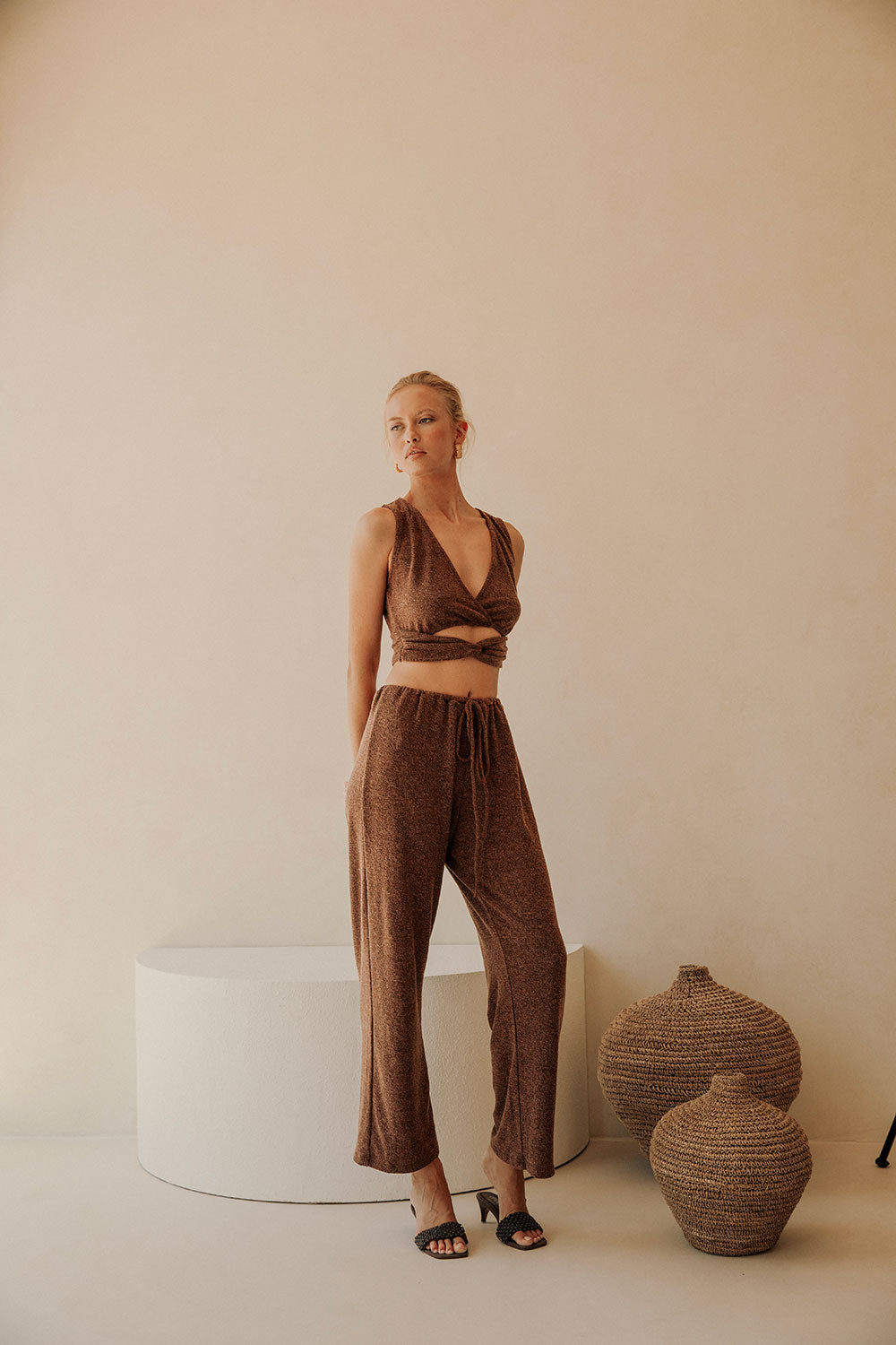 Brown High Waist Elastic Drawstring Sierra Pants