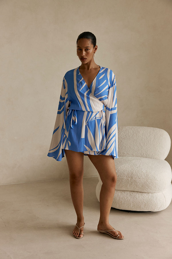 Palm Blue Print Long Sleeve Flared Wrap Mini Aleksi Dress
