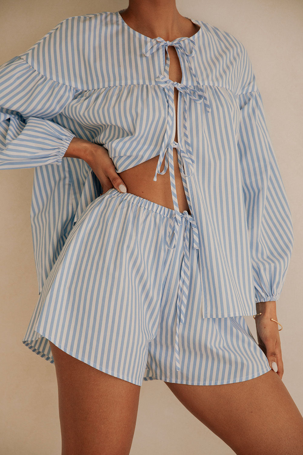 Blue And White Stripe Drawstring Pennie Shorts