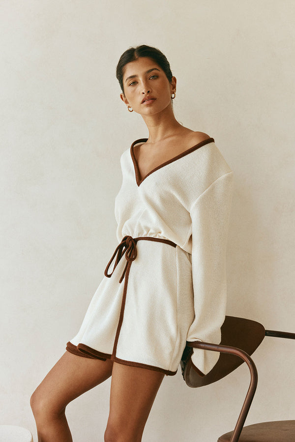 Farlee V Neckline Long Sleeve Front Tie Dress - Cream, Brown