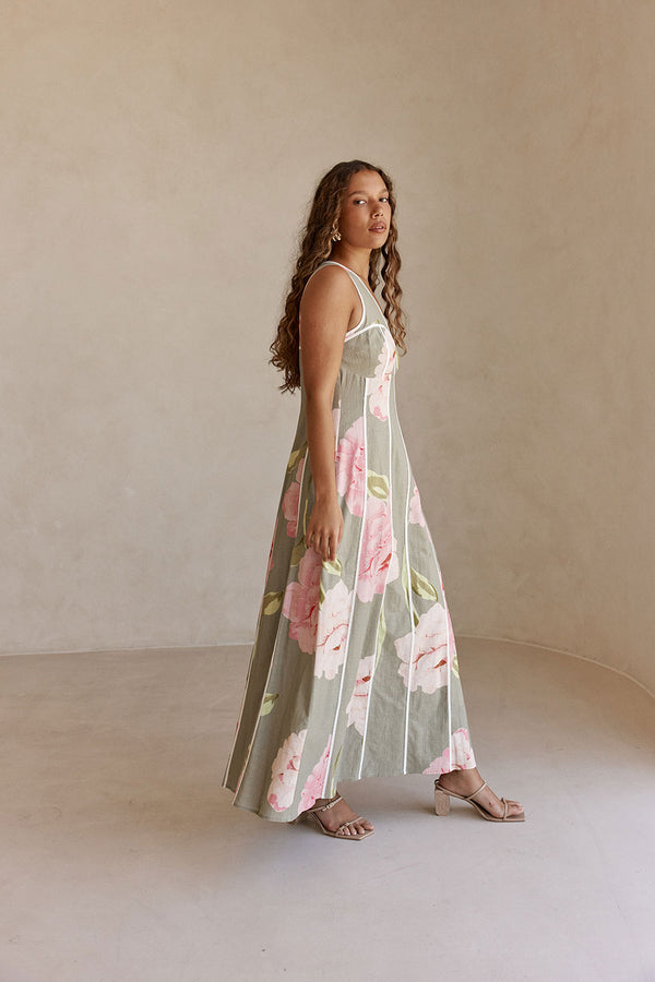 Fiori Green Floral Print V Neck Maxi Emory Dress