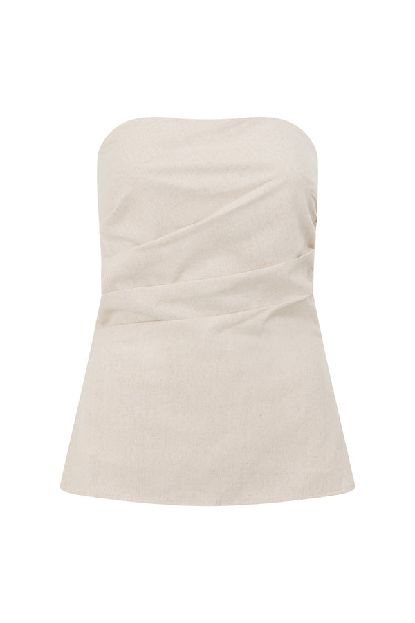 Beige Linen Blend Strapless Gathered Isa Top