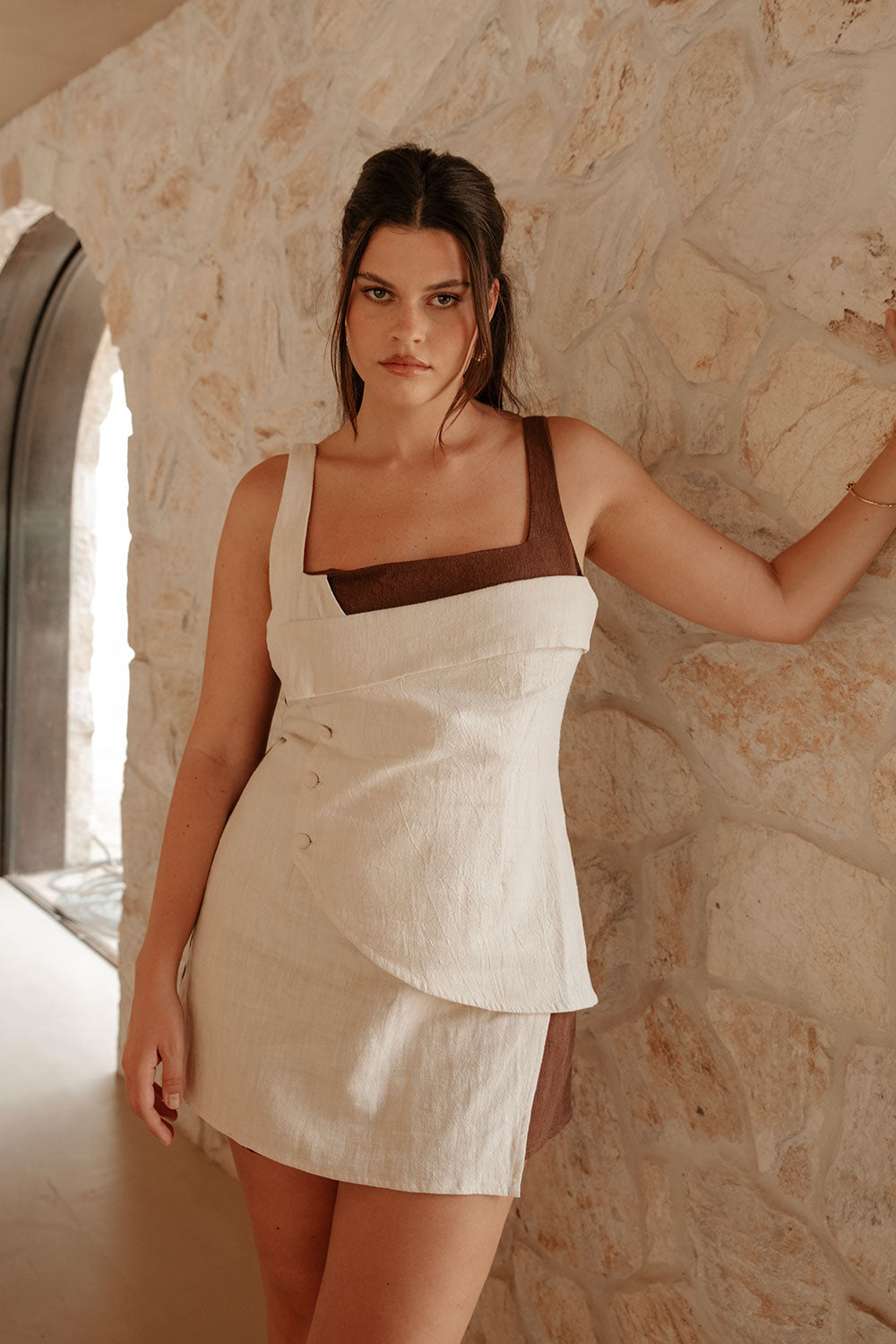 Azari Paneled Mini Dress - Brown, Beige