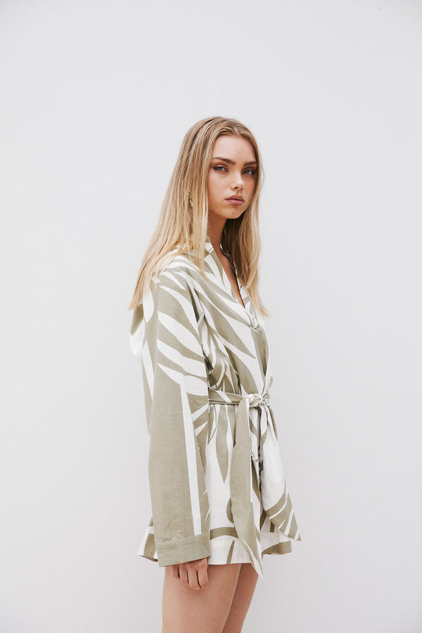 Palm Green Long Sleeve Mini Shirt Adele Dress