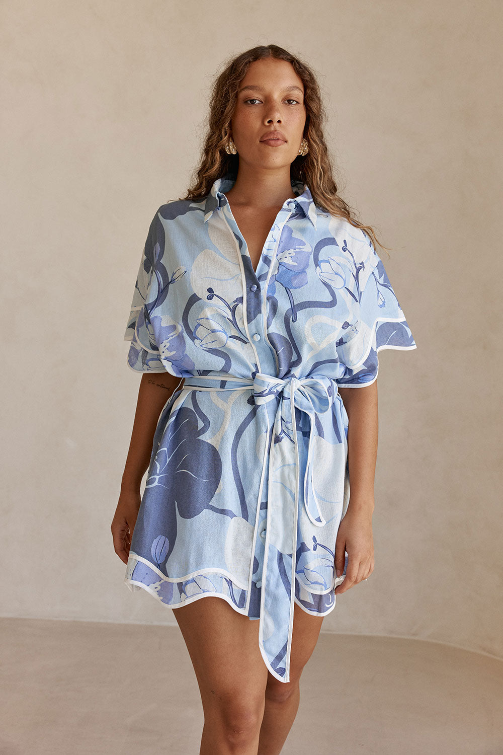 Blue Bouquet Blu Print Button Up Mini Daria Dress