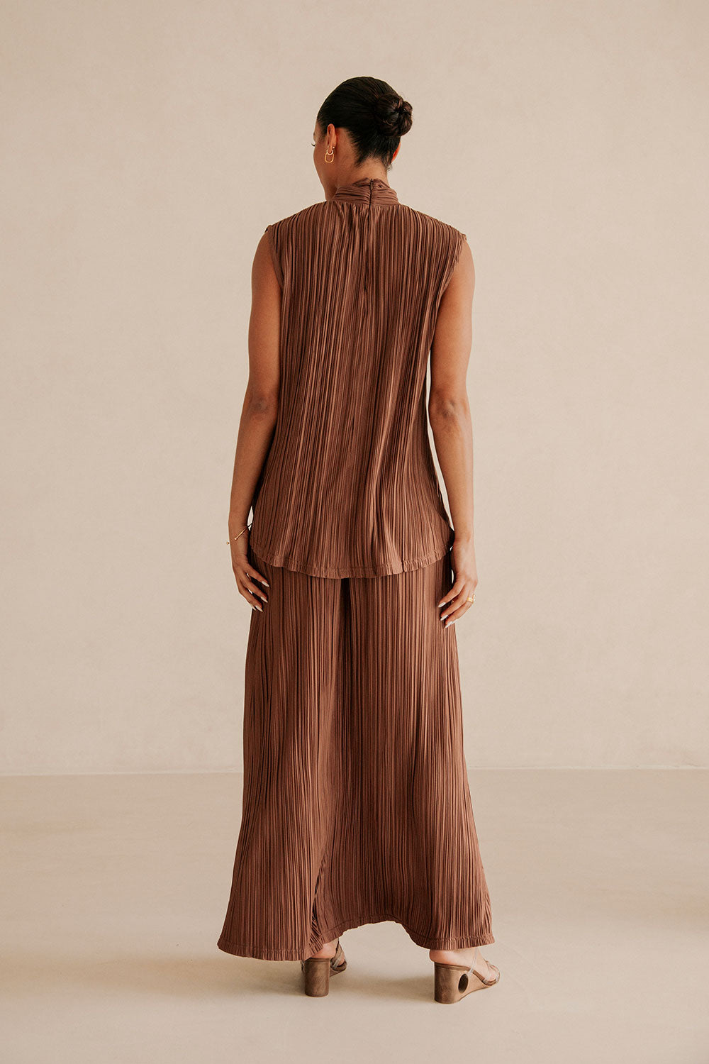 Brown Silky Pleat Turtleneck Catalyna Top