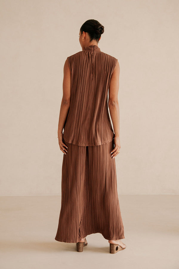 Brown Silky Pleat Turtleneck Catalyna Top