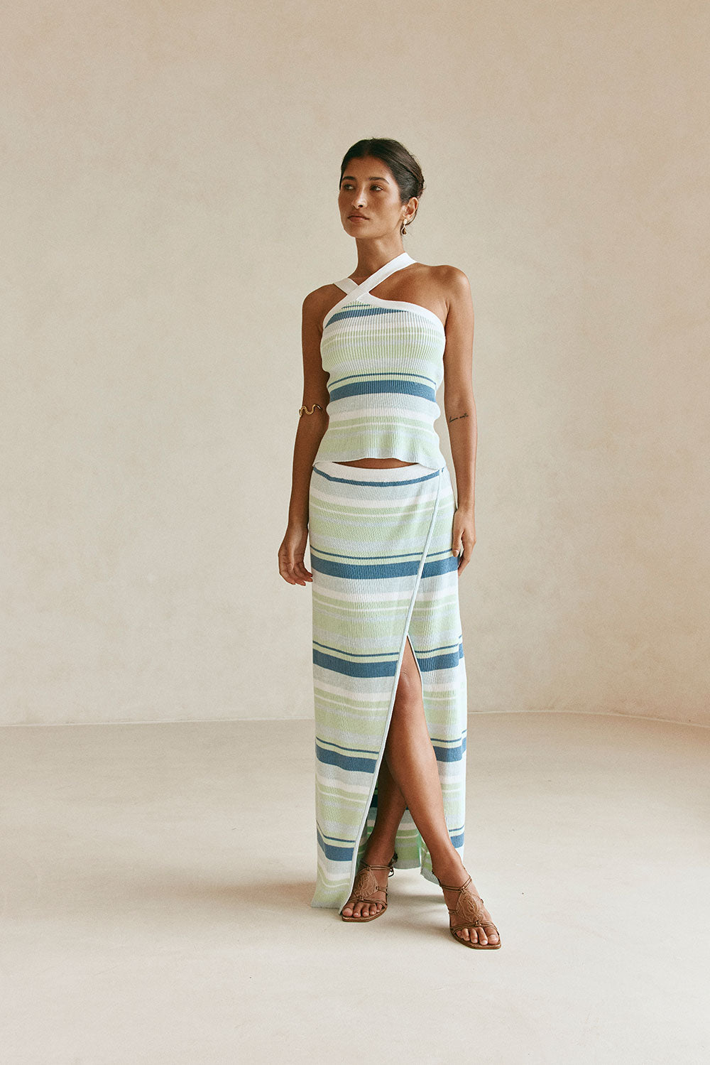 Green and Blue Stripe Knit Maxi Dahlia Skirt