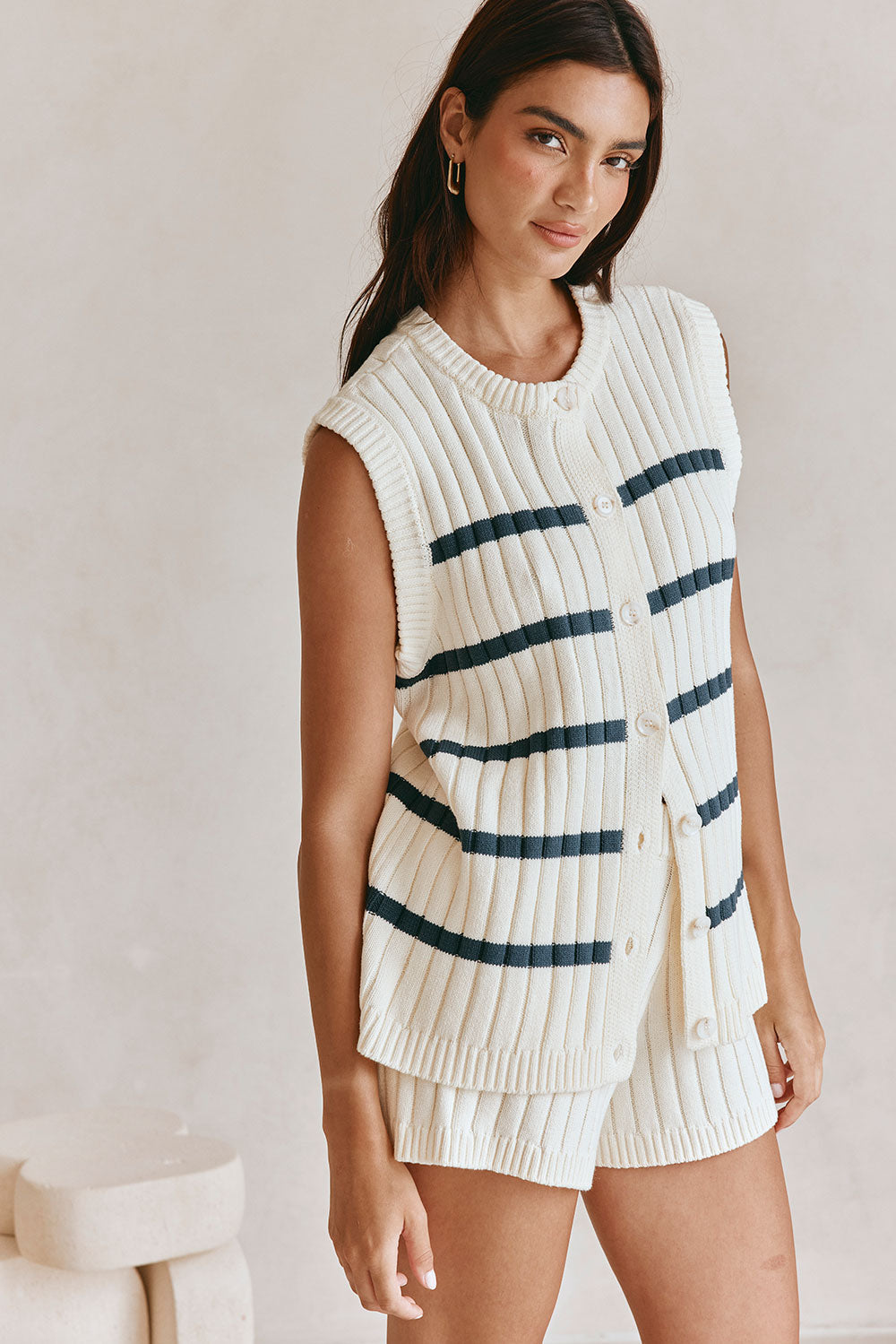 Cream and Black Stripe Knit Button Up Depp Top