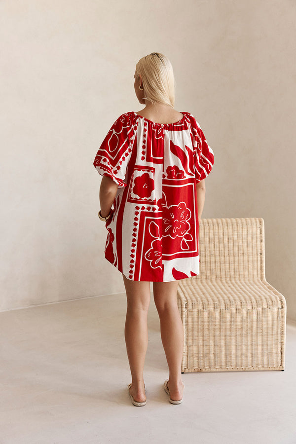 Red Voyage Print Drawstring Mini Kit Shirt Dress