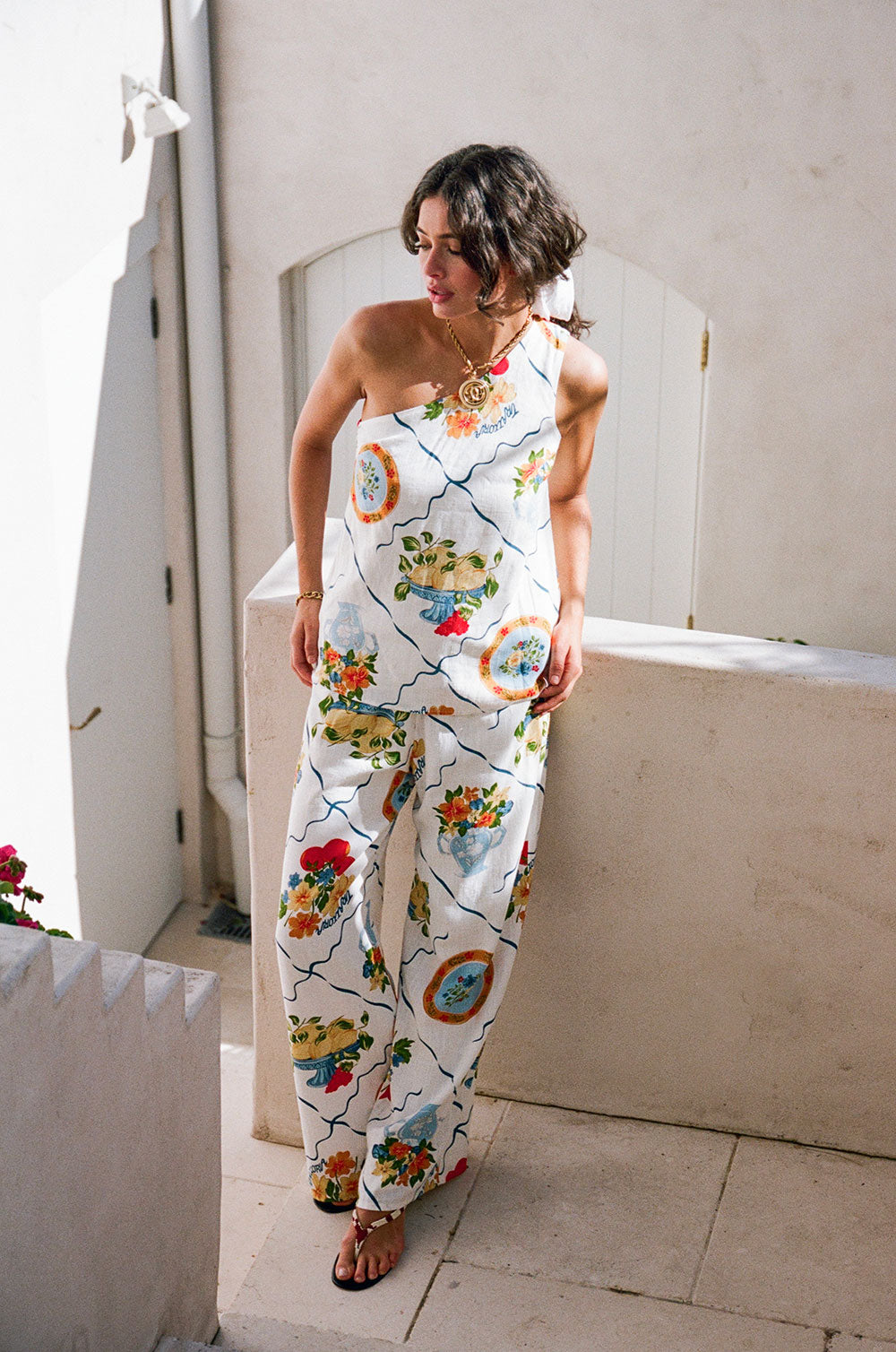 White Trattoria Print One Shoulder Tie Giuliana Top