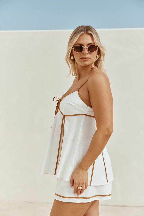White Linen-Cotton Strappy Flouncy Jayne Top