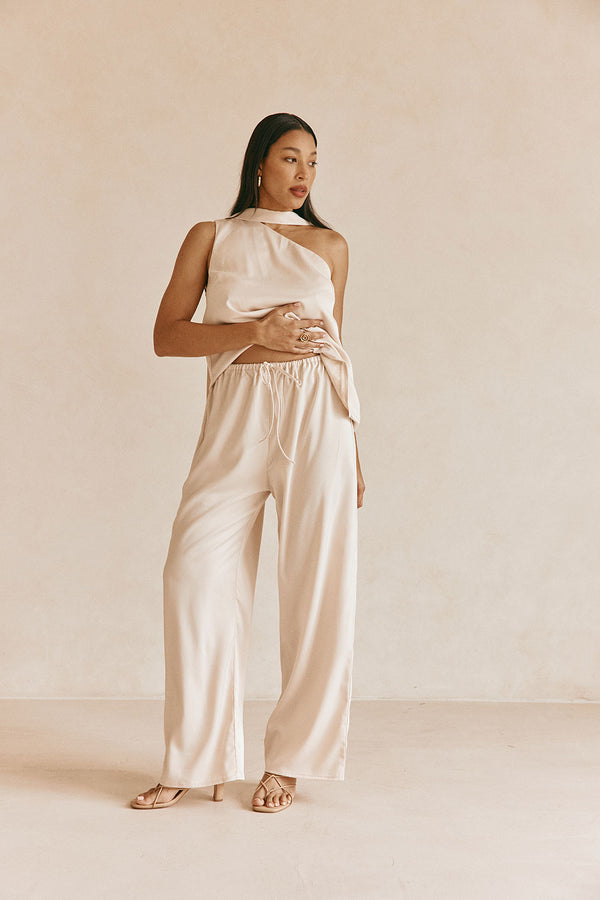 Beige Silky Elastic Drawstring Koda Pants