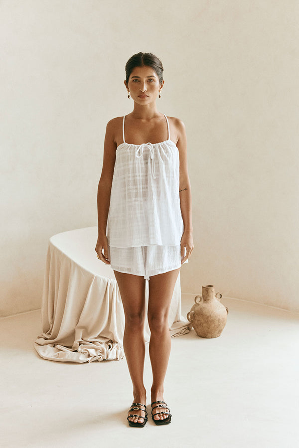 Jetta Adjustable Thin Strap Tie Top - White Plaid