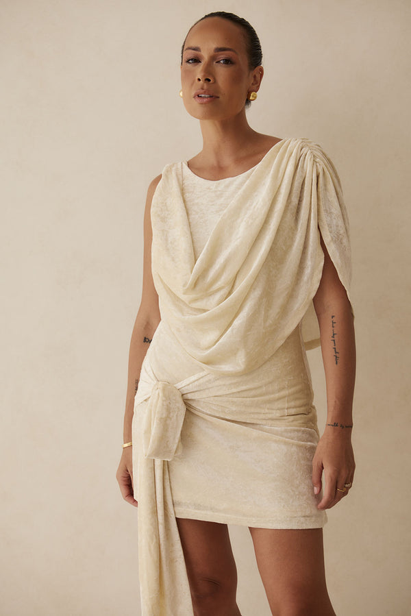 Beige Suede Plunge V Neck Tie Mini June Dress