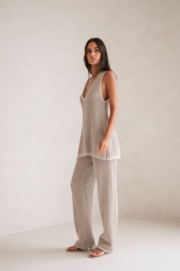 Beige Knit Elastic High Waist Ailish Pants