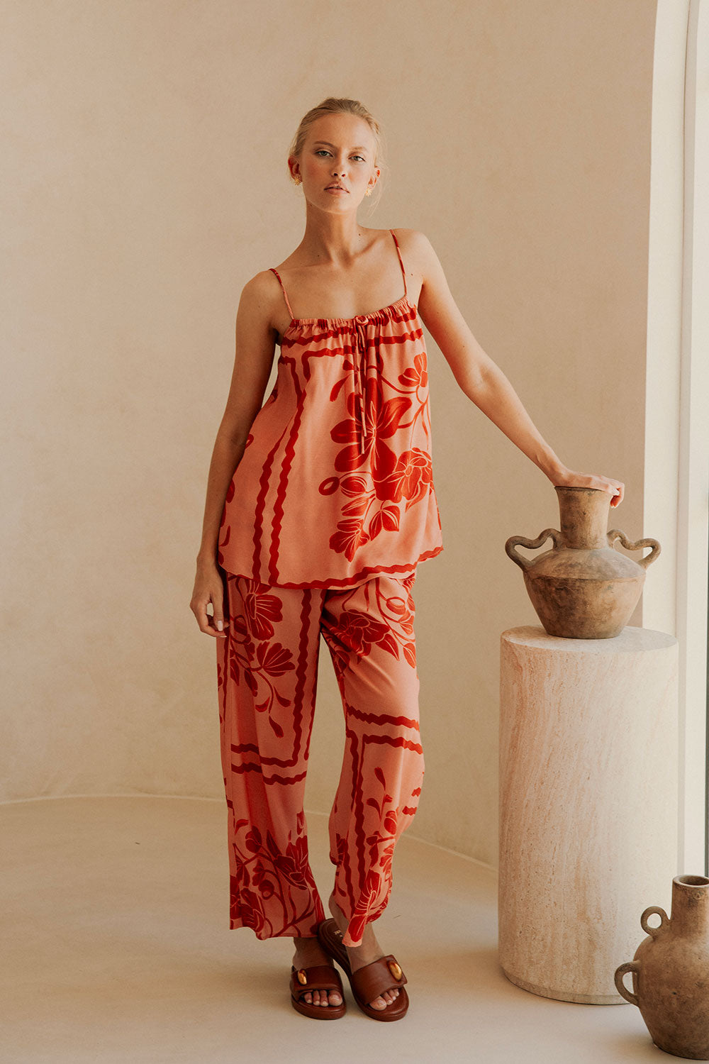 Alani Elasticated Tie Pants - Fiore Postcard Print in Coral Pink and Red