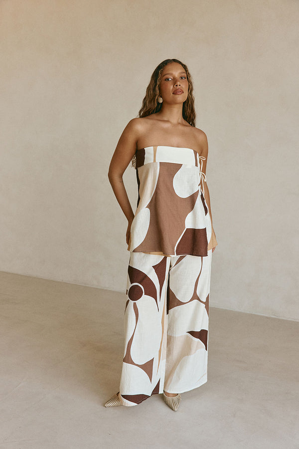 Brown Sable Floral Print Drawstring Monroe Pants