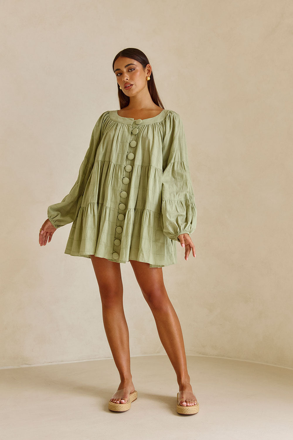 East Button Flounce Mini Dress - Green