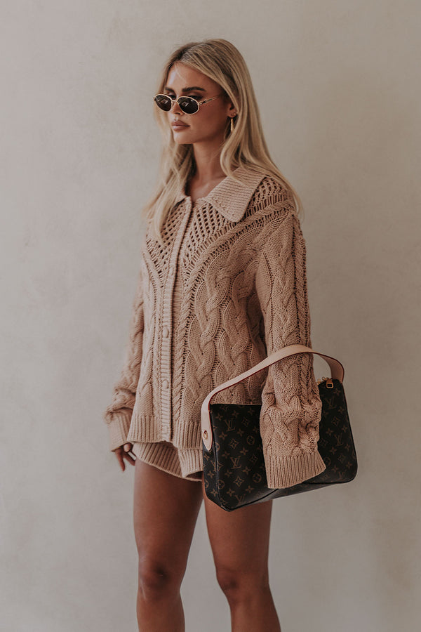 Tan Knit Long Sleeve Button Up Collar Addison Sweater