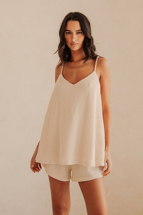 Beige V Neck Adjustable Strap Boston Top