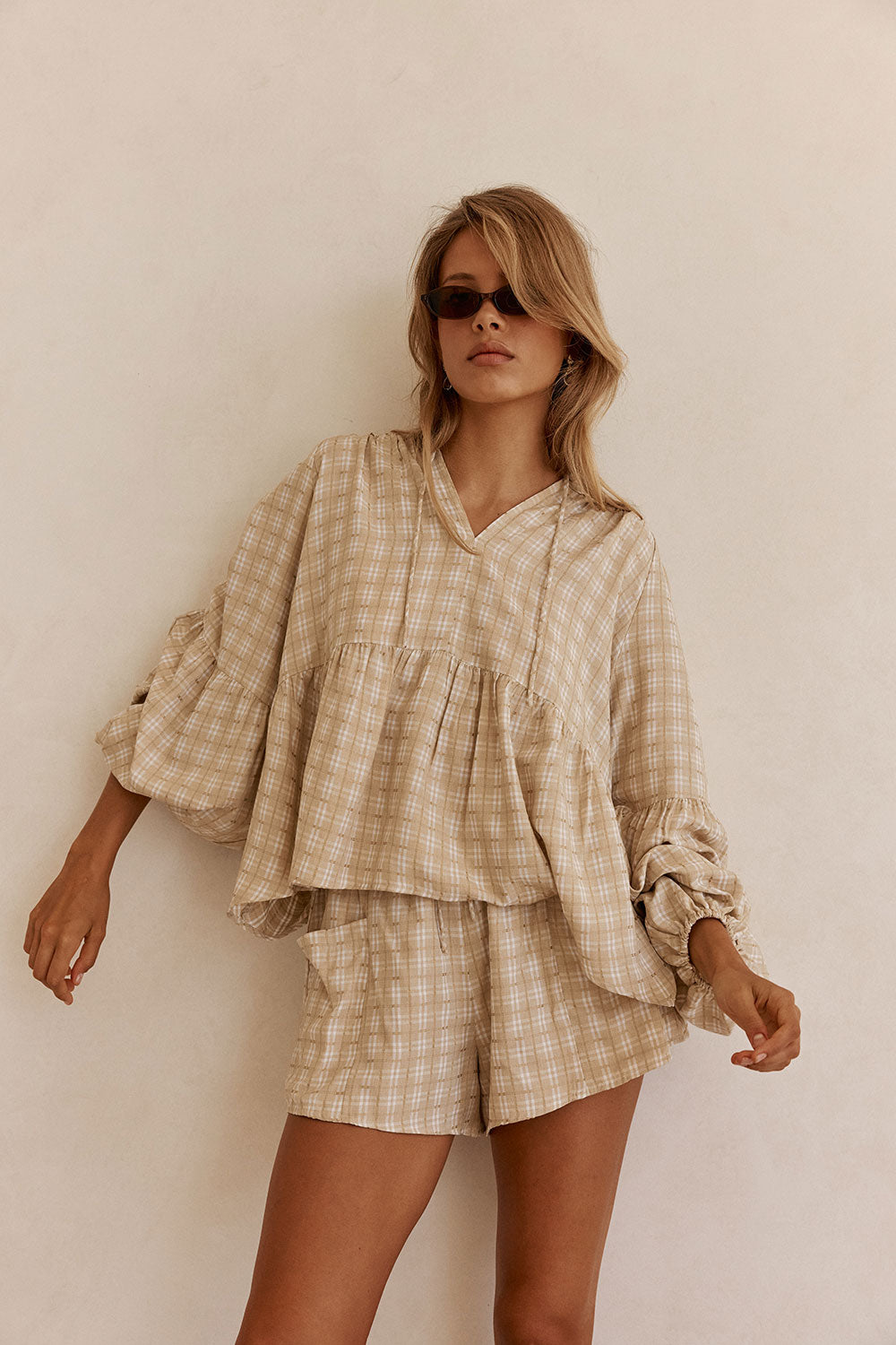 Khaki Gingham Flouncy Puff Sleeve Rylia Top