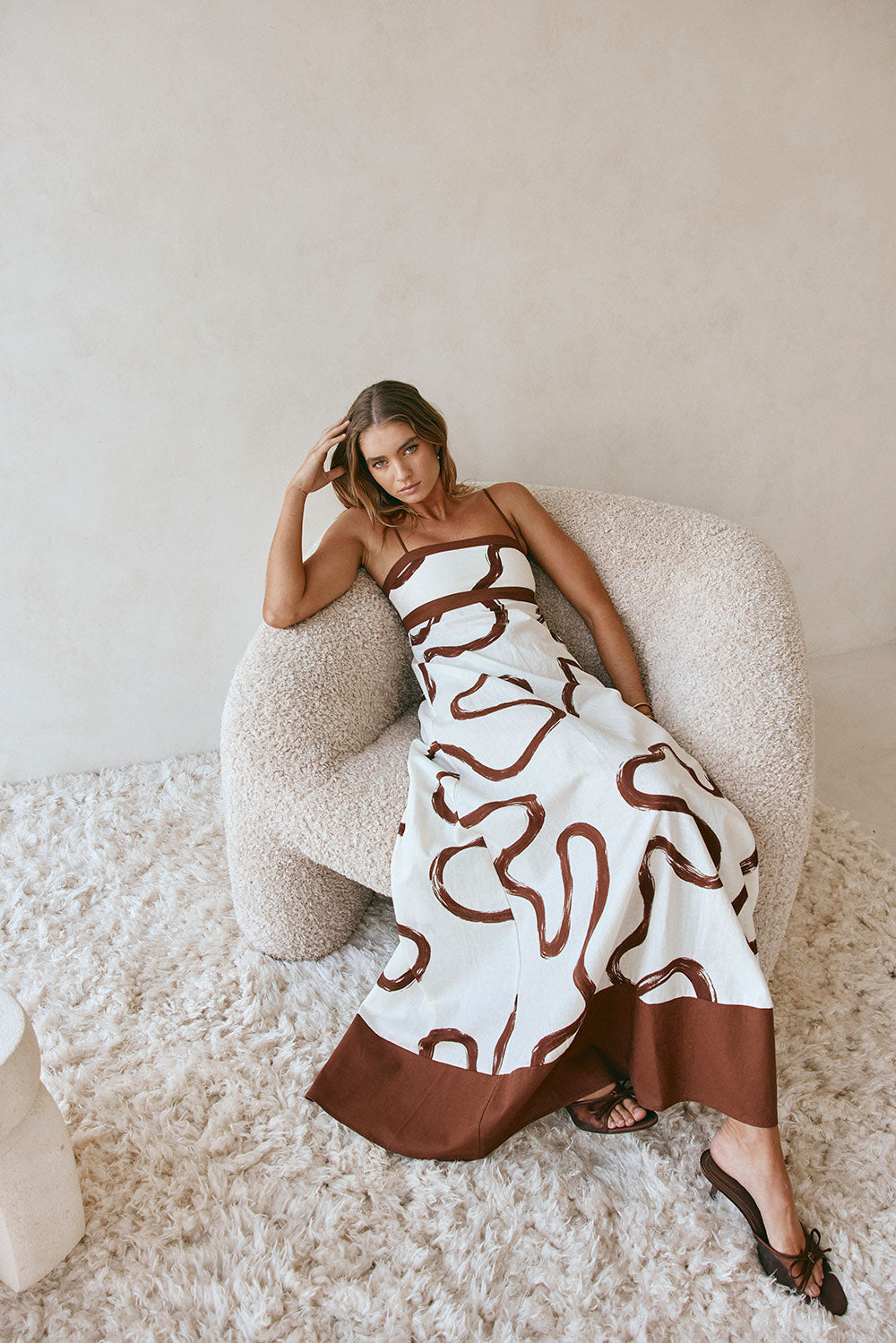 Cream Marbled Mocha Floral Strappy Maxi Addy Dress