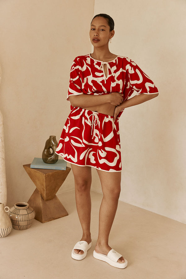 Red Fila Rouge Floral Print Drawstring Skirt