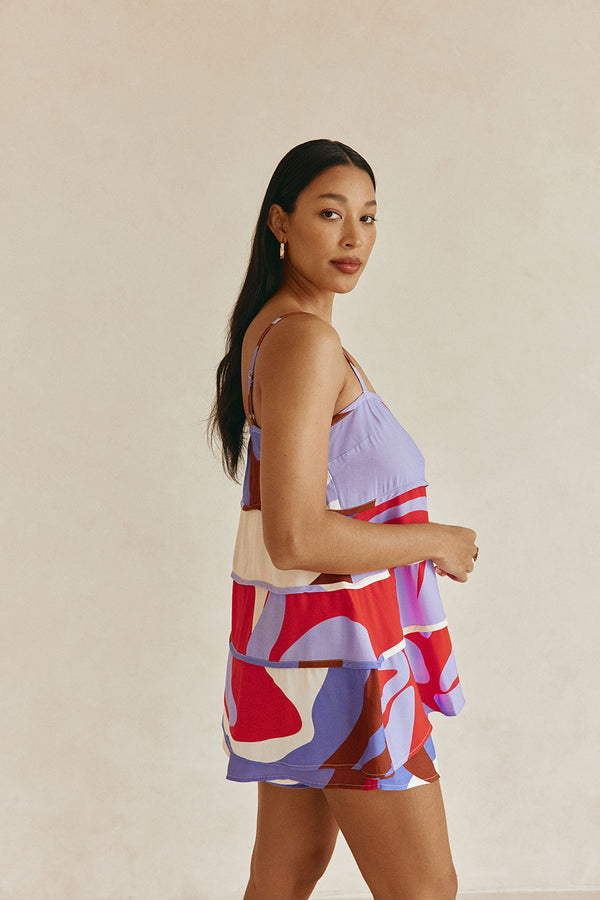 Valley Red Print Strappy Tiered Vian Top