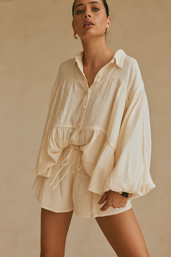 Cream Long Sleeve Button Up Collar Panel Huxley Top