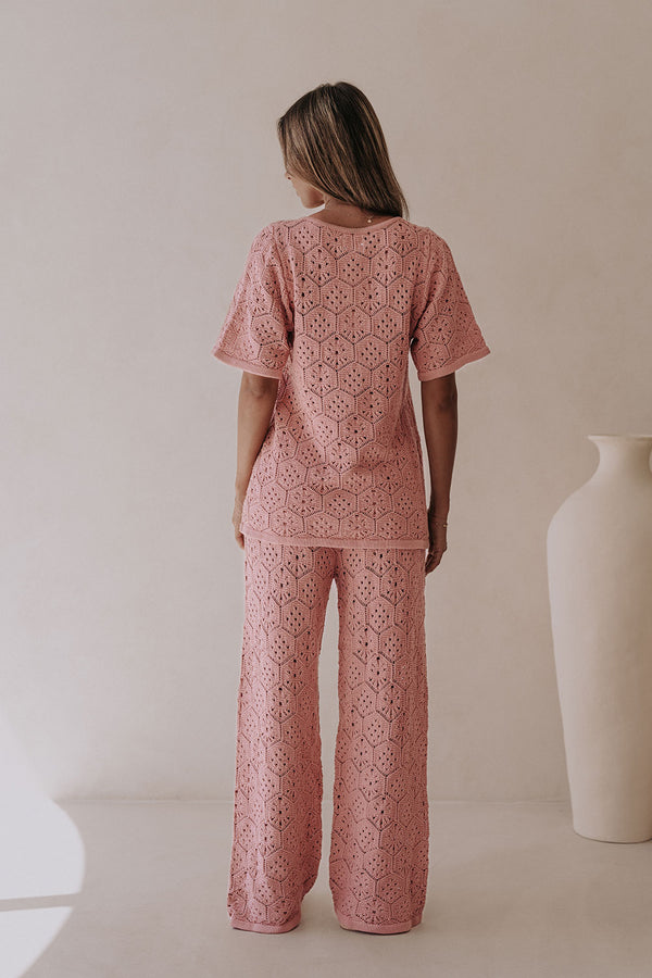 Blush Pink Crochet Knit Button Up Umiko Top