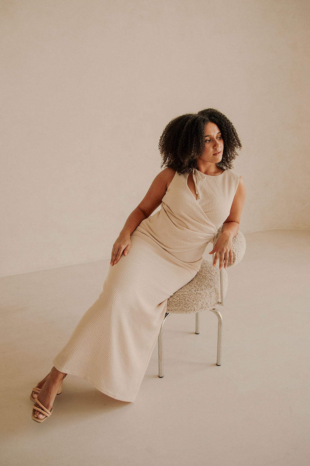 Beige Wrap Fitted Maxi Eliana Dress