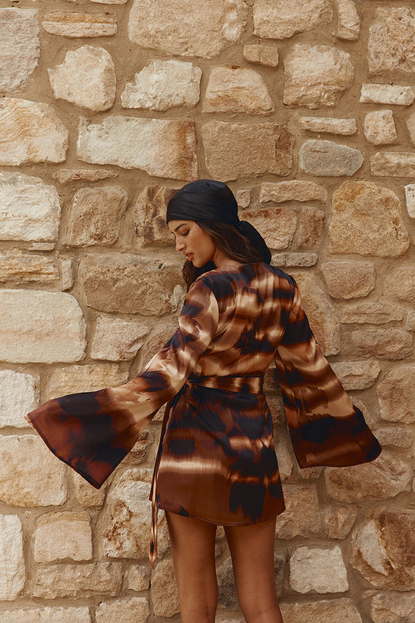 Brown Mirage Bloom Print Satin Mini Wrap Haven Dress