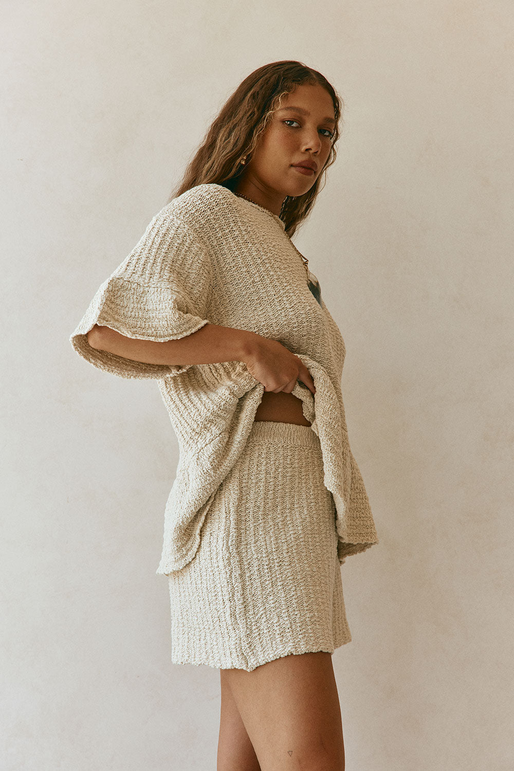 Beige Woven Knit Elastic Trisha Shorts