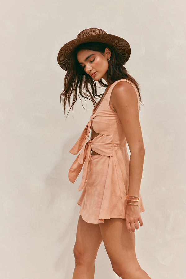 Salmon V Neck Cut Out Front Tie Mini Bailee Dress