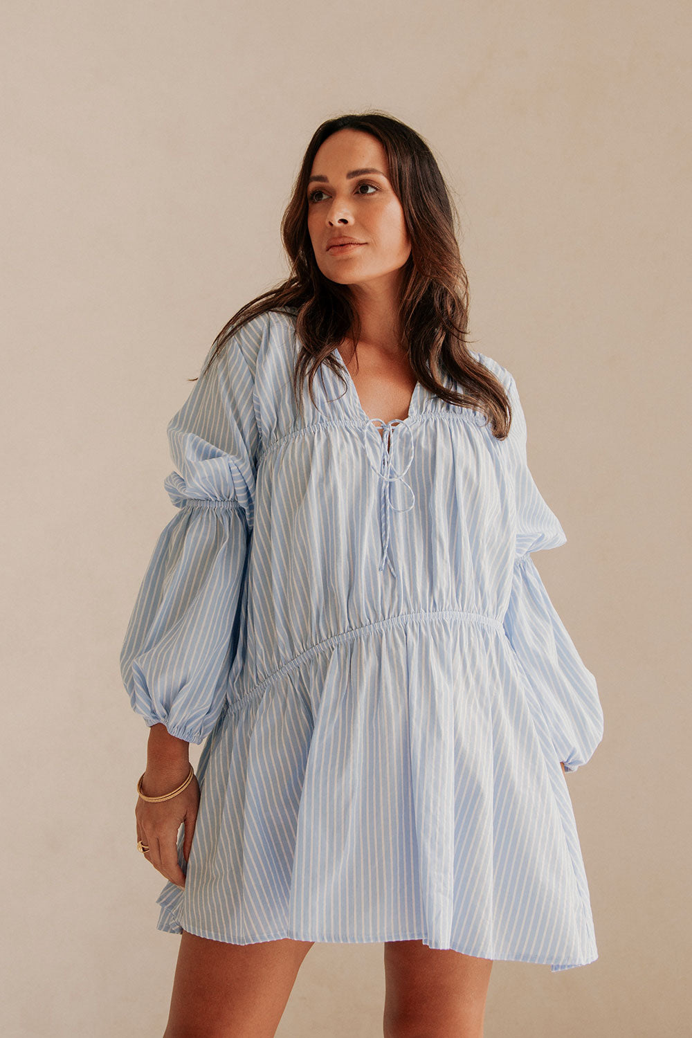 Naloo Long Sleeve Tie Mini Dress - Blue, White Stripe