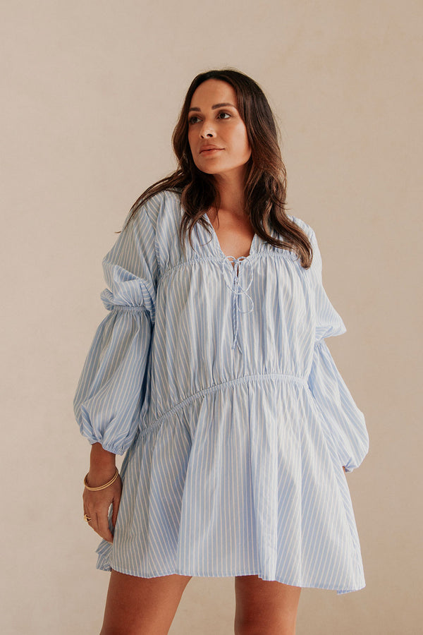 Naloo Long Sleeve Tie Mini Dress - Blue, White Stripe